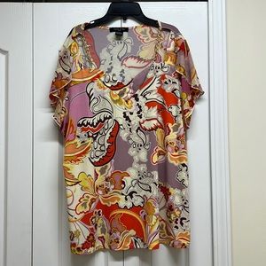 Adele Pink, Red and Yellow Paisley Blouse Size 2X with Gold Chains Accents